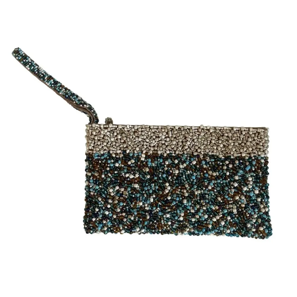 Glass Beaded Mini Wristlet Clutch Y2K Boho Evening Bag Multicolor Blue Cream
